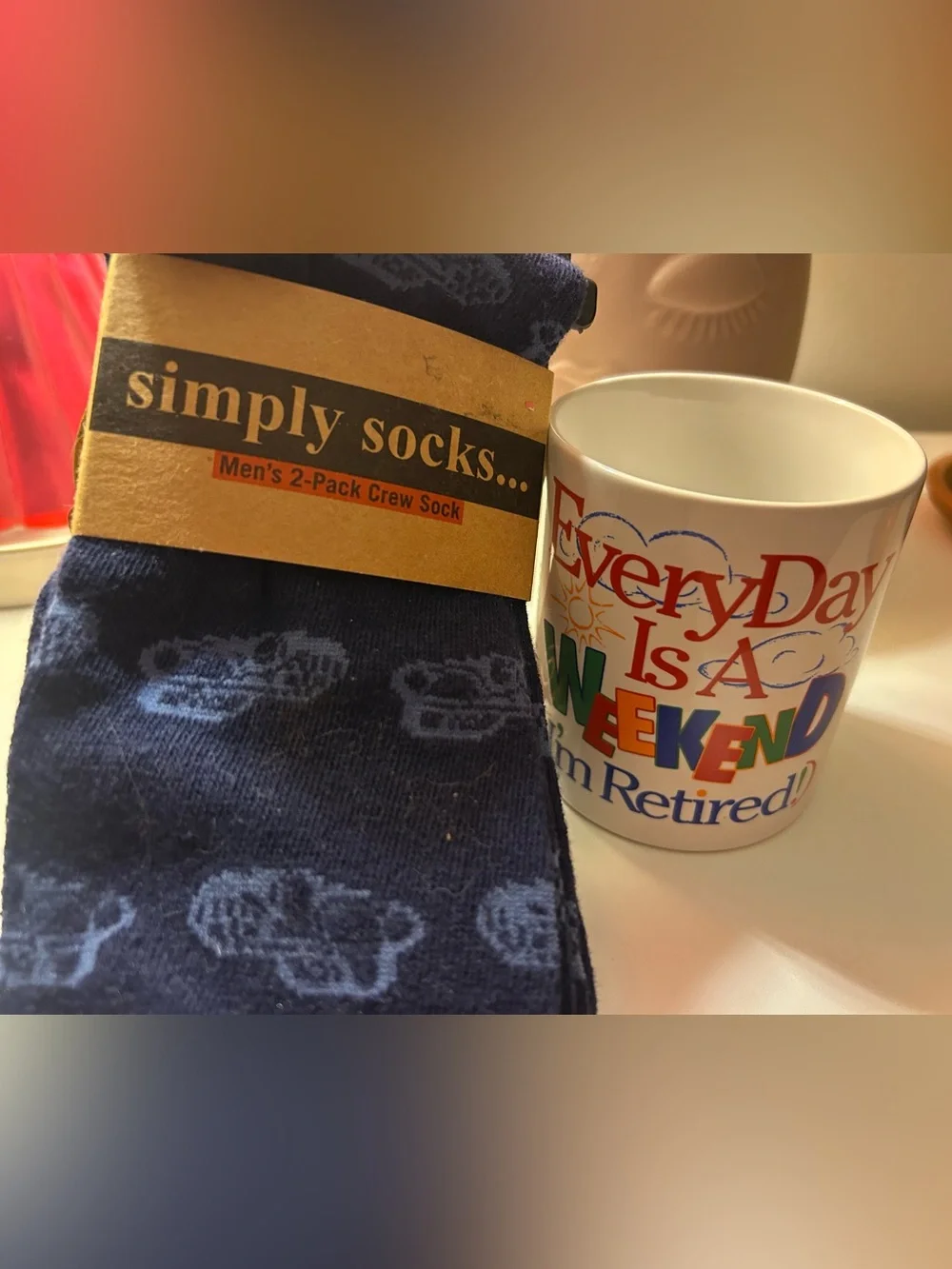 Simply Socks Men's Navy Patterned Crew Socks (2) with Coffee Mug - I’m Retired